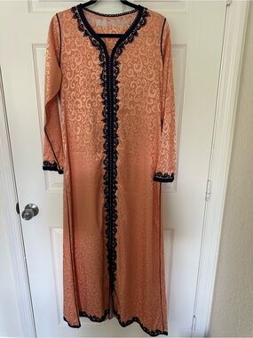 Peach Long Embroidered Open-Front Caftan with Black Trim